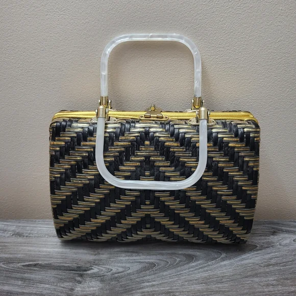 Vintage Stylecraft Black Gold Woven Plastic Handbag MCM - Picture 3 of 12